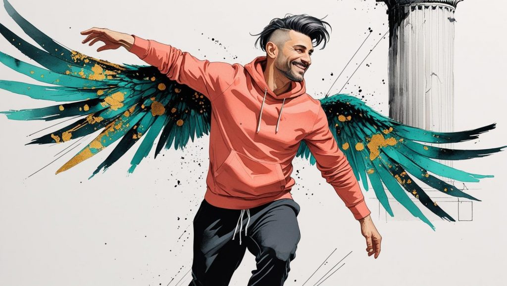 Moderne Illustration von Kairos als junger Mann mit türkisfarbenen Flügeln, der lächelnd nach vorne läuft. Symbolbild für Führung übernehmen mit Coaching.