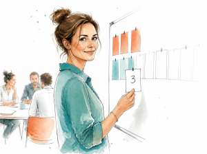 Aquarell-Illustration: Eine Frau haengt Karten an eine Wand, im Hintergrund ein Team am Besprechungstisch