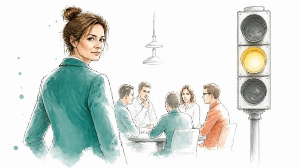 Aquarell-Illustration: Projektleiterin blickt über die Schulter zurück, dahinter ihr Team am Tisch und eine Ampel auf Gelb. Symbolbild für richtig eskalieren im Projekt.