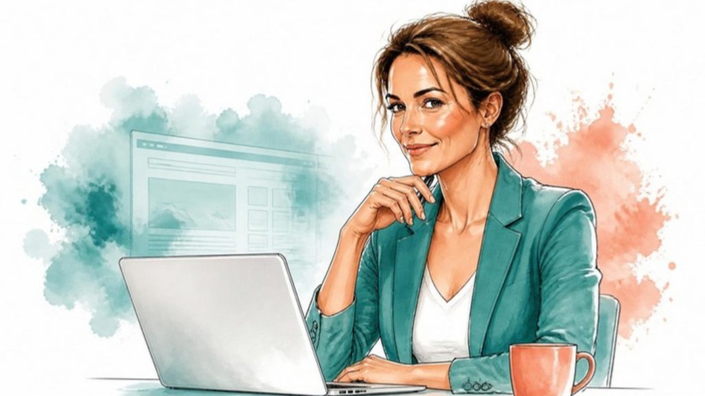 Aquarell-Illustration: Frau mit hochgestecktem Haar sitzt am Laptop, die Hand am Kinn, dahinter eine skizzierte Webseite in einer Petrol-Aquarellwolke. Symbolbild für sauberes Delegieren an KI-Agents.