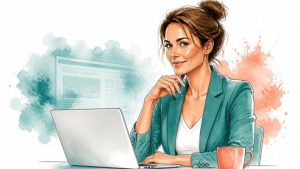 Aquarell-Illustration: Frau mit hochgestecktem Haar sitzt am Laptop, die Hand am Kinn, dahinter eine skizzierte Webseite in einer Petrol-Aquarellwolke. Symbolbild für sauberes Delegieren an KI-Agents.
